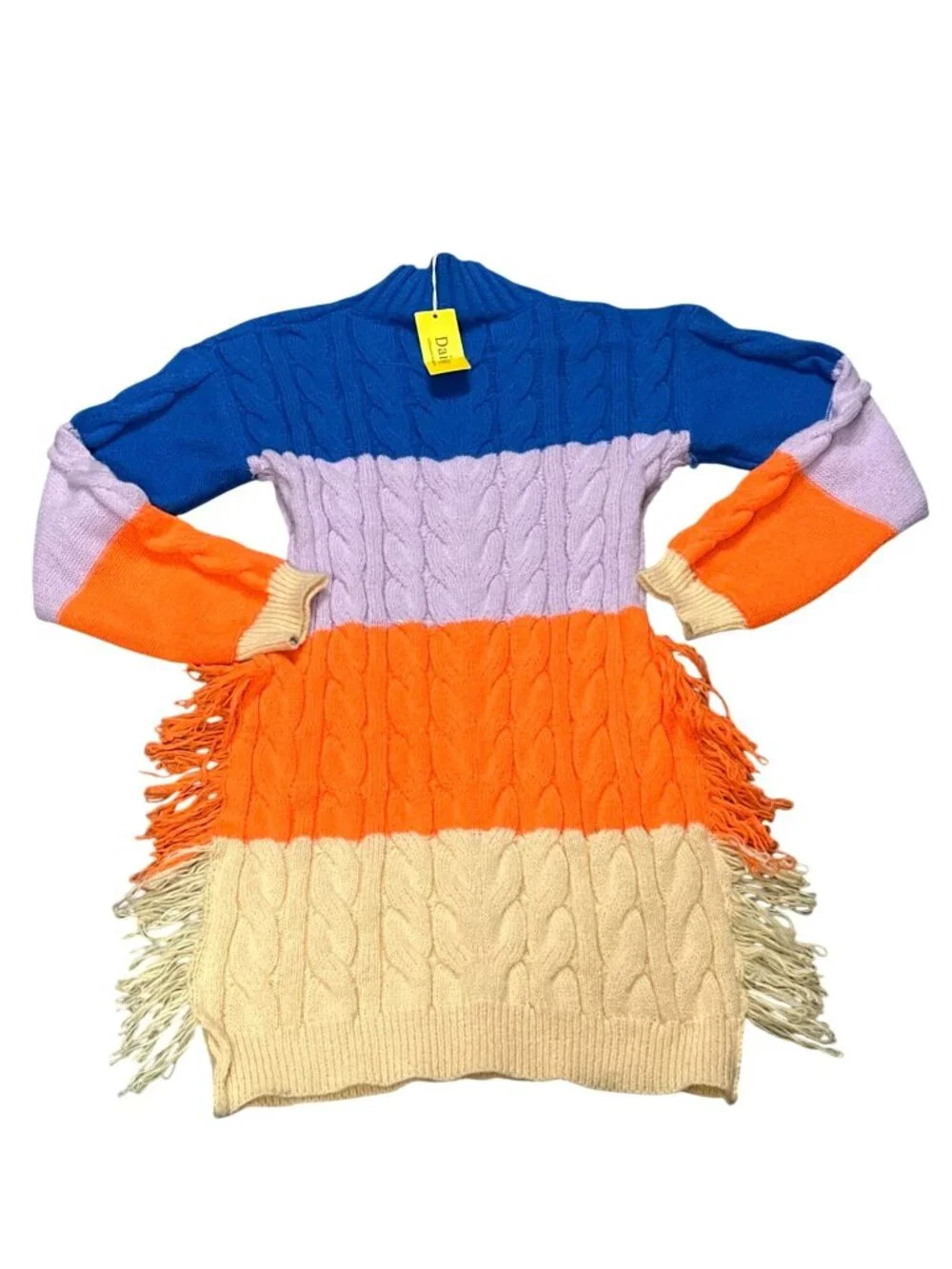 Daisy Size M Blue Pink Orange Fringe Cable Knit Turtleneck Sweater Dress Slouchy - Picture 11 of 12